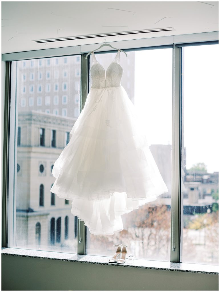 wedding dress hanging 